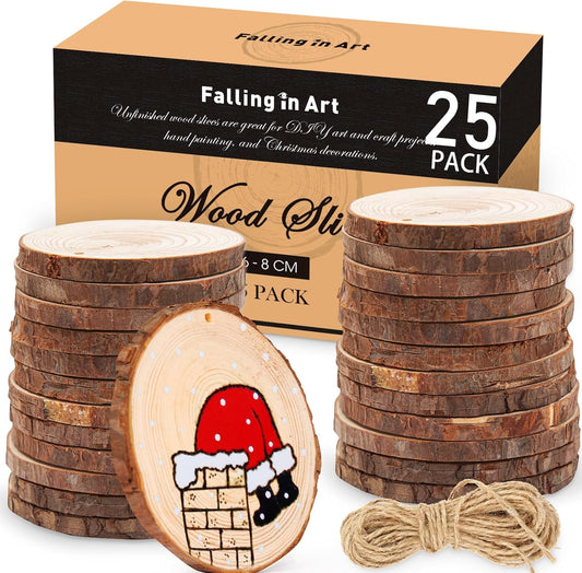 Falling in Art 2.3-3.1 Inches Natural Wood Slices Set for Crafts - 25Pcs Round Wood Discs with Pre-drilled Hole for DIY Projects, Christmas Ornaments and Wedding Decoration