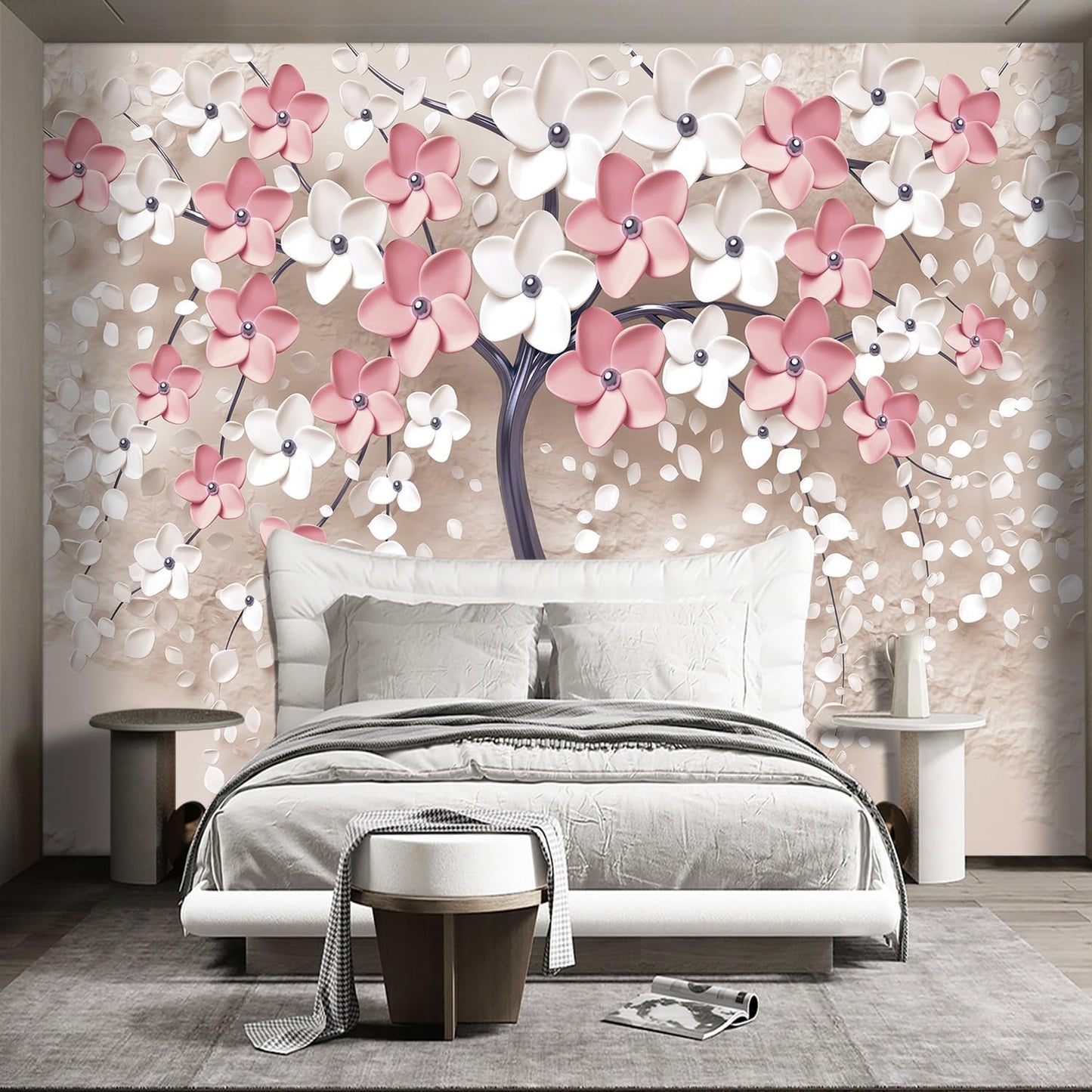 3D Relief Abstraction Pink Flowers Tree Mural Bedroom Floral Wallpaper Room Decor Living Room tv Background Large Wall Mural - 160"x108" (Not Peel and Stick)