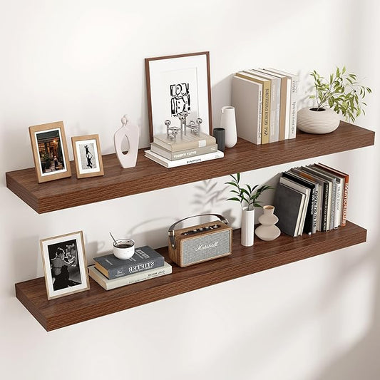 Floating Shelves - 2 Large Wall Mounted Shelves with Invisible Brackets, Long Walnut Wood Floating Wall Shelf for Living Room, Bedroom, Kitchen (48" W x 9" D x 1.5" H)