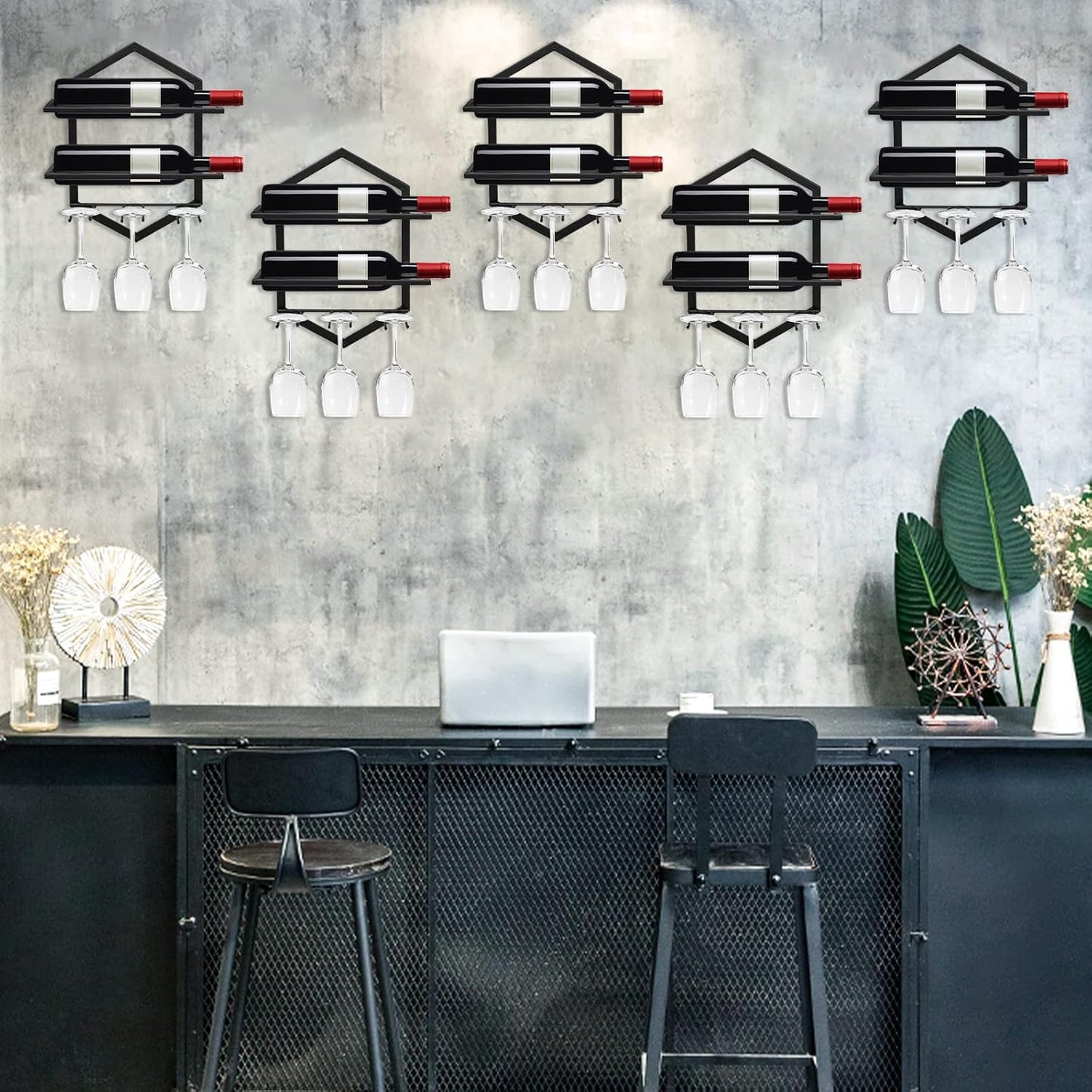 Wall Mounted Wine Stemware Rack, Metal Hanging Wine Glass Display Holde Holds 3 Cups 2 Bottles, Elegant Storage for Kitchen Dining Room Bar Wine Cellar (Black 2)