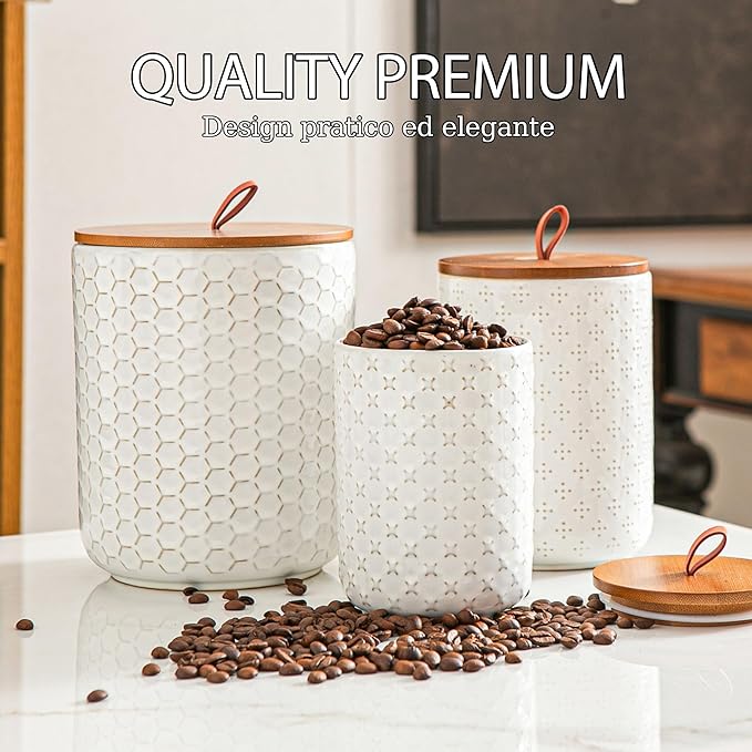 JOJUNO White Ceramic Canister Set with Wooden Lids – 3-Piece Airtight Food Storage Jars for Kitchen, Embossed Design, Small/Medium/Large Sizes (30/48/82 oz) – Flour, Sugar, Coffee, Tea Containers
