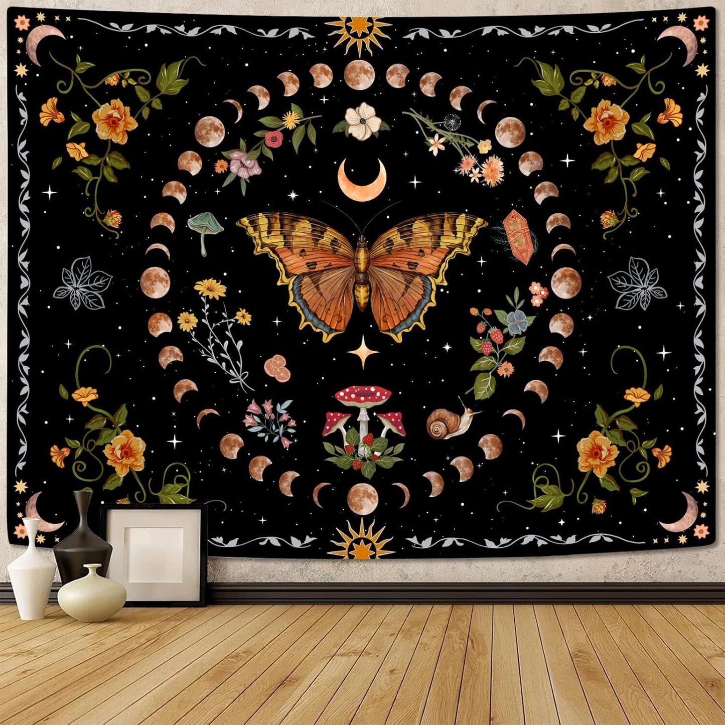 Aipon Orange Butterfly Moon Flower Tapestry Botanical Floral Plant Boho Tapestry for Bedroom Aesthetic Vintage Tapestries Wall Hanging for Living Room Dorm (36.00" x 48.00", Orange)