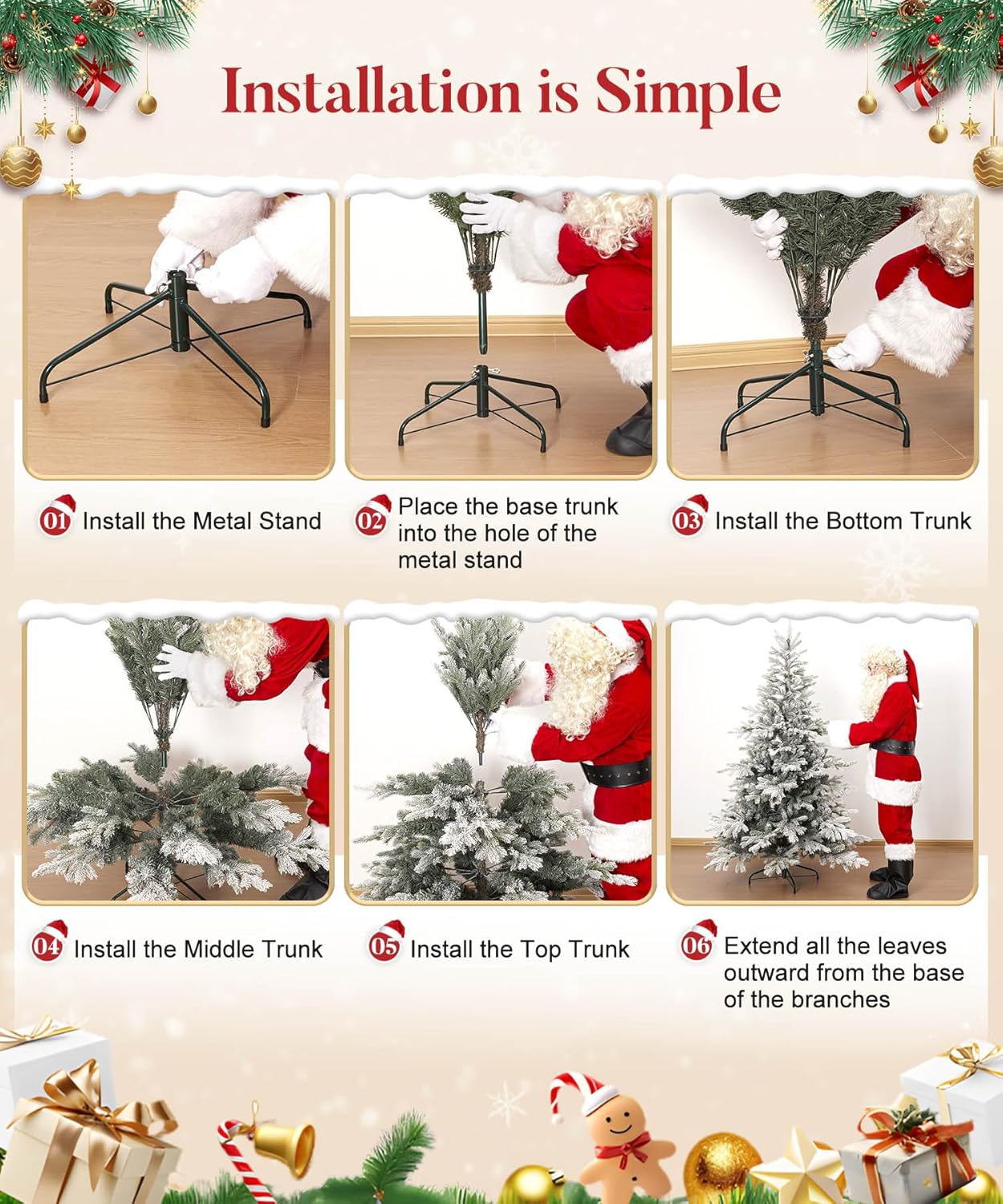 Decoway 6ft Artificial Christmas Tree, Unlit Snow Flocked Xmas Tree with 1571 Branch Tips and Sturdy Metal Stand for Indoor Outdoor Home Decoration