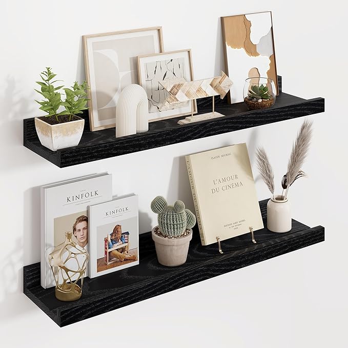 Floating Picture Ledge Shelves 24 Inch Solid Oak Wood Set of 2, Rustic Wall Storage Shelves with Lip, Kids Bookshelf, Photo & Picture Ledge Shelves for Bedroom, Living Room, Kitchen