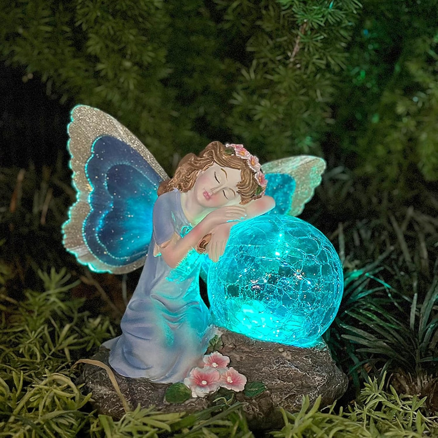 Fairy Garden Statue ，Solar Garden Decor ，Fairy Statue Outdoor with Glass Ball ，Waterproof Outdoor Decor，Suitable for Yard, Lawn ，Ideal for Holiday Giving（Blue）