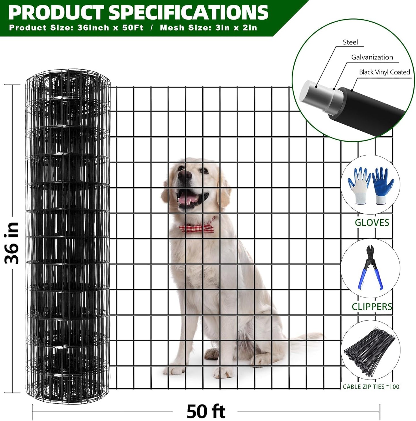 Welded Wire Fence, 50ft(L) x 36inch(H) PVC Coated Wire Fencing for Dog, 2 Inch x 3 Inch 16GA Fencing for Chicken, Anti-Rust Roll Metal Wire Mesh Fence for Yard Vegetable, Black