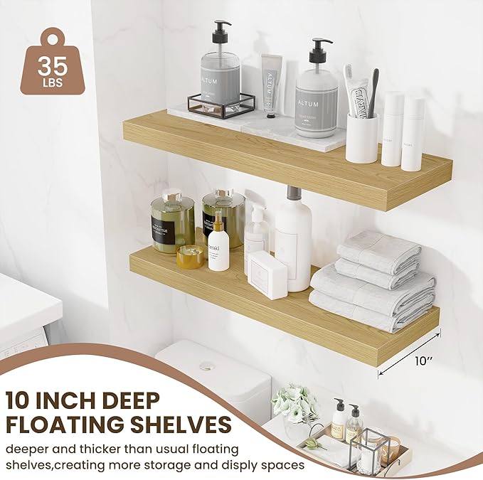 Fun Memories 32 x 10 Floating Shelves Wall-Mounted - Rustic Wood Shelf - 10 Inch Deep Floating Shelves for Wall - Large Storage Shelf for Bathroom - Kitchen & Bedroom - Oak - Set of 2