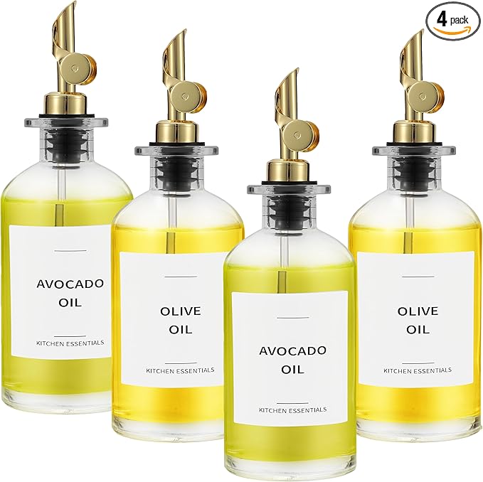 Olive Oil Dispenser Bottle - Includes 55 Kitchen Essential Labels - Cooking Oil Bottles for Kitchen, Coffee Syrup Dispenser - Pourer Spout with 11.8 fl oz Glass Container Cruet - 4pcs, Gold