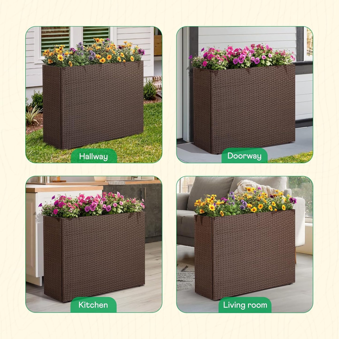 IDZO All Weather Wicker Planter Raised Garden Bed, 24 in Tall Round Rattan Flower Pots, Durable Self-Watering Indoor Outdoor Wicker Planters for Porch Patio Balcony