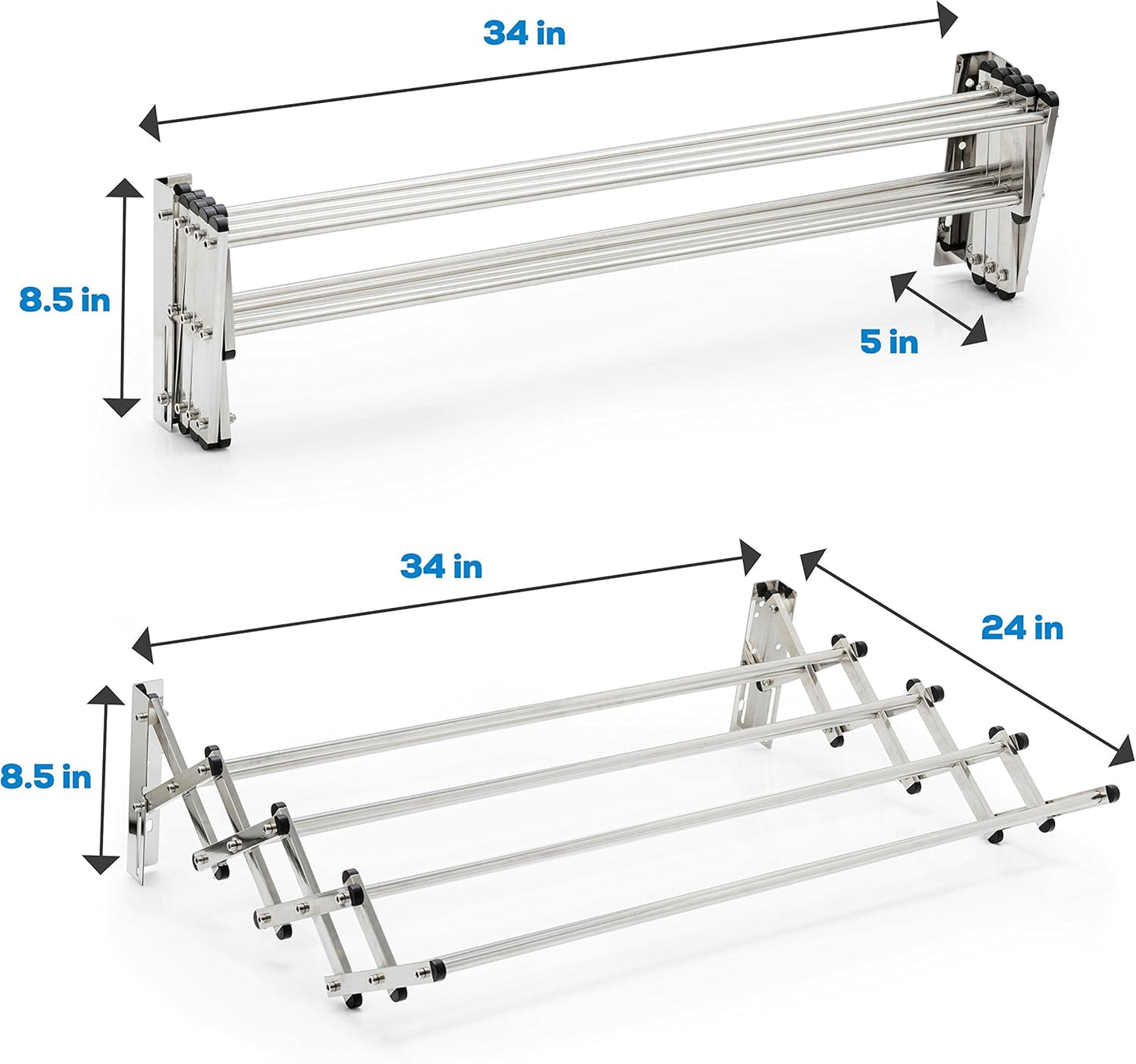 AERO W Racks Stainless Steel Wall Mounted Collapsible Laundry Clothes Drying Rack 60 Pound Capacity 22.5 Linear Ft