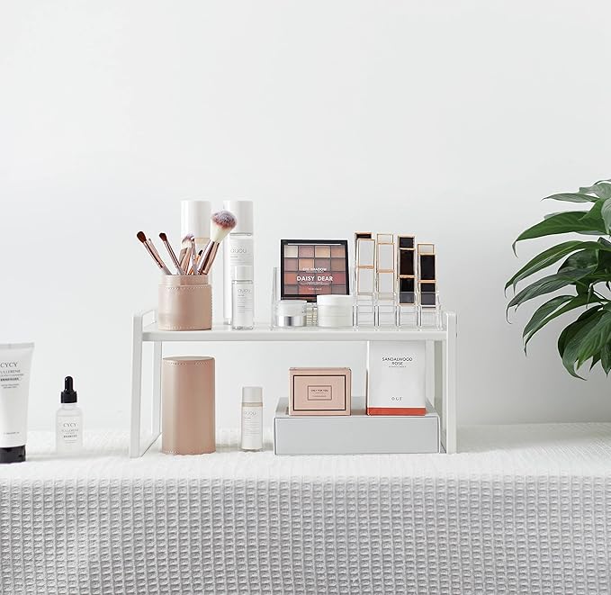 Nxconsu 2Pack Cabinet Shelves Stackable Shelf Organizer Rack Riser for Kitchen Cabinet Pantry Cupboard Counter Countertop Home Organization Storage Space Saver Heavy Duty Metal Nonslip White Wide