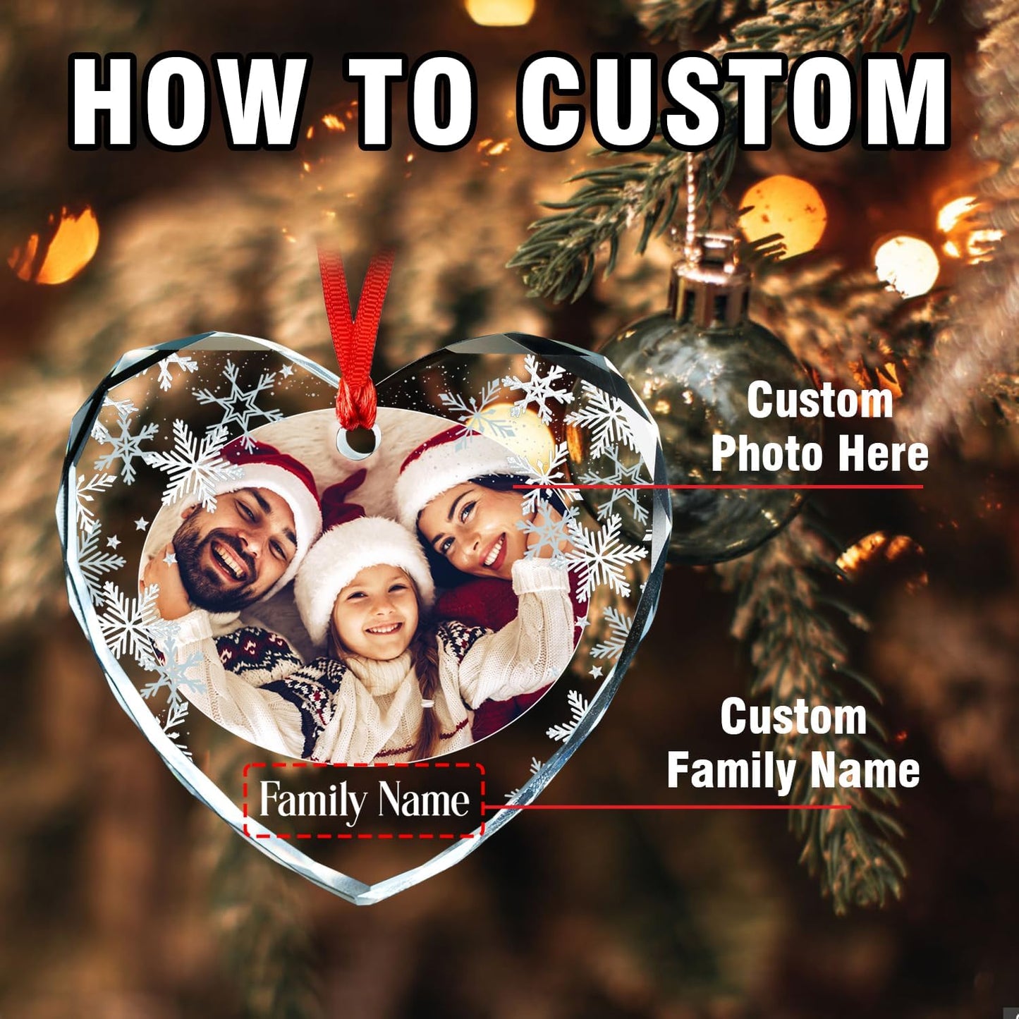 Personalized Photo Ornaments, Custom Family Heart Glass Christmas Tree Ornament 2025, Customized Crystal Glass Christmas Tree Decor Gifts for Family, Couples, Pets, Baby’s First Xmas