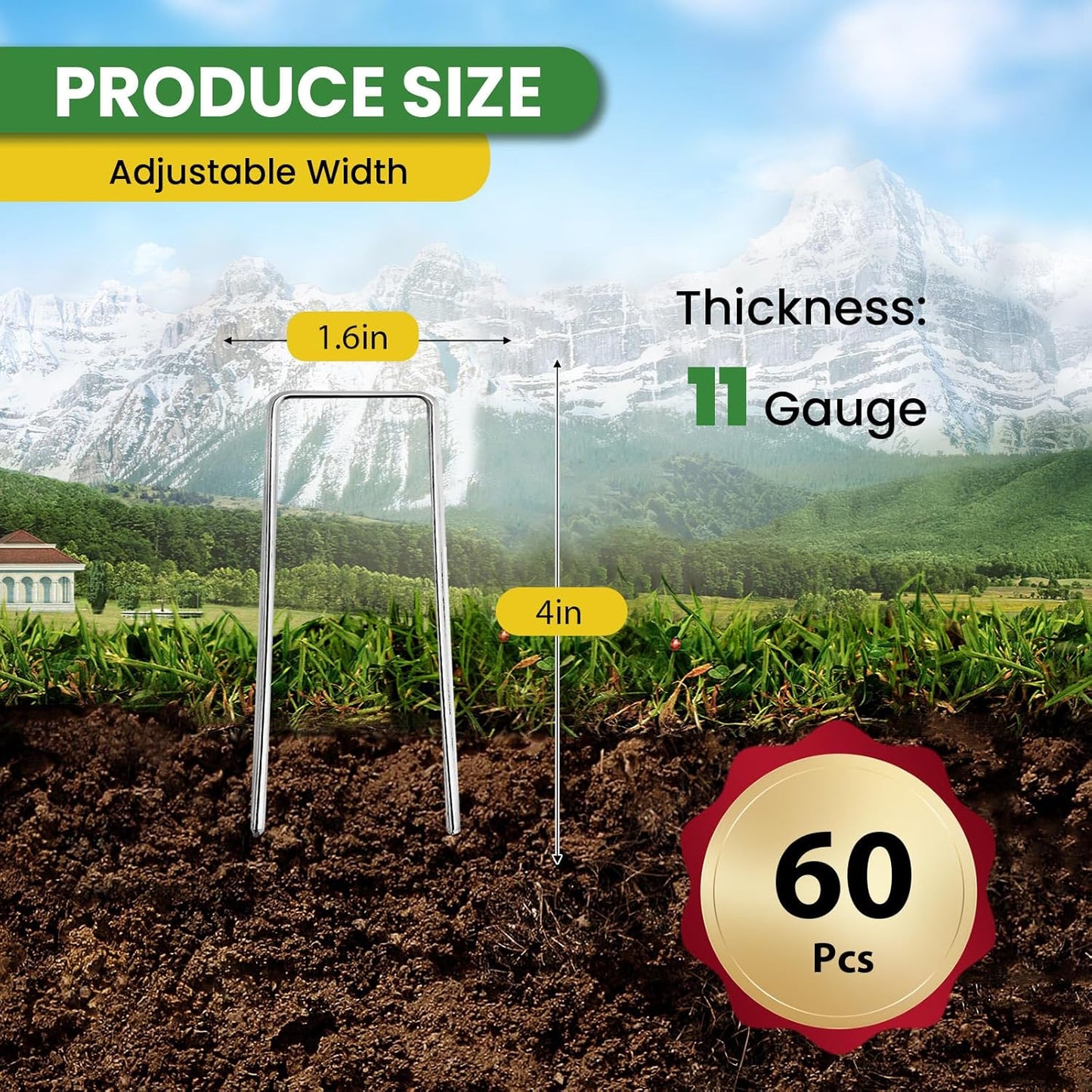 Landscape Staples Galvanized 4 Inch 60 Pcs, Metal Garden Stakes 1.6 Inch, Garden Staples for Lawn 11 Gauge