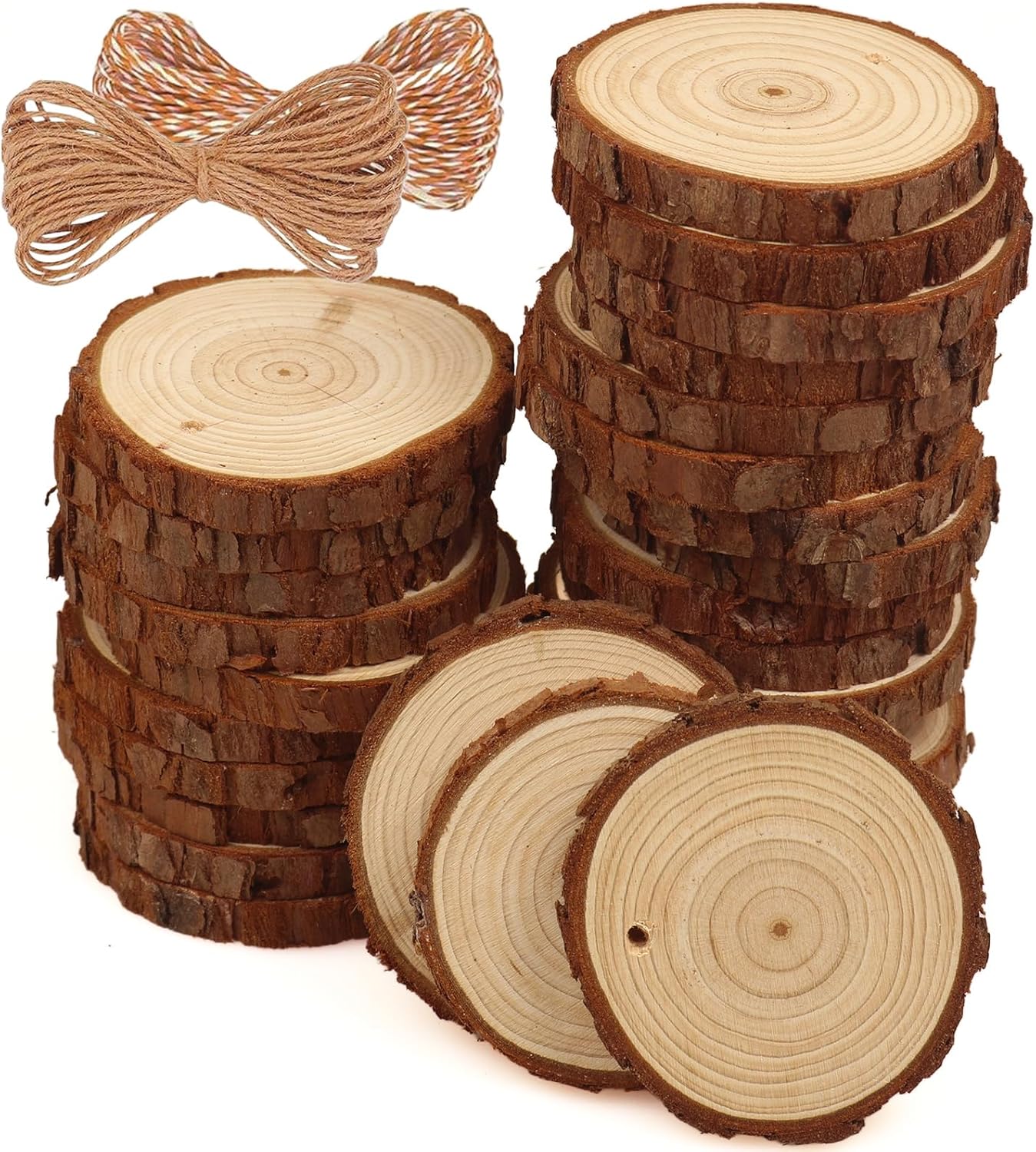 Natural Wood Slices 30 Pcs 2-2.4 Inches Craft Unfinished Wood Kit Predrilled Wooden Rounds Bark, with Hole, Wooden Discs for Crafts Ideal for DIY Projects, Christmas Ornaments