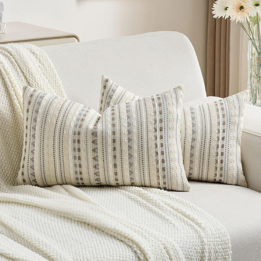 FUTEI Grey White Decorative Throw Pillow Covers 12x20 Inch Set of 2,Soft Cozy Chenille Jacquard Textured Pillow Case,Boho Home Decor for Couch Bed Living Room