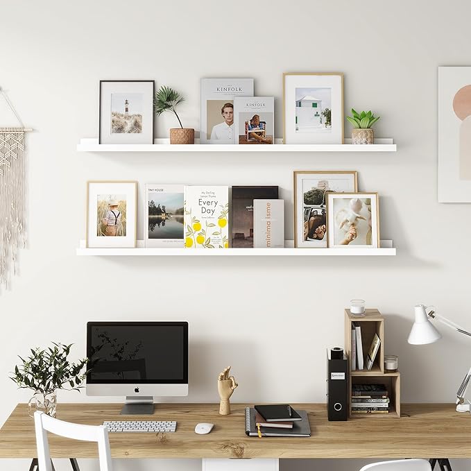 Picture Ledge Shelf for Wall, 16 inch Solid Pine Wood Nursery Book Shelves 2 Packs, Floating Ledge Shelves for Kids' Room Bedroom Bathroom Living Room Photo Frames Office Nursey Wall Decor, White