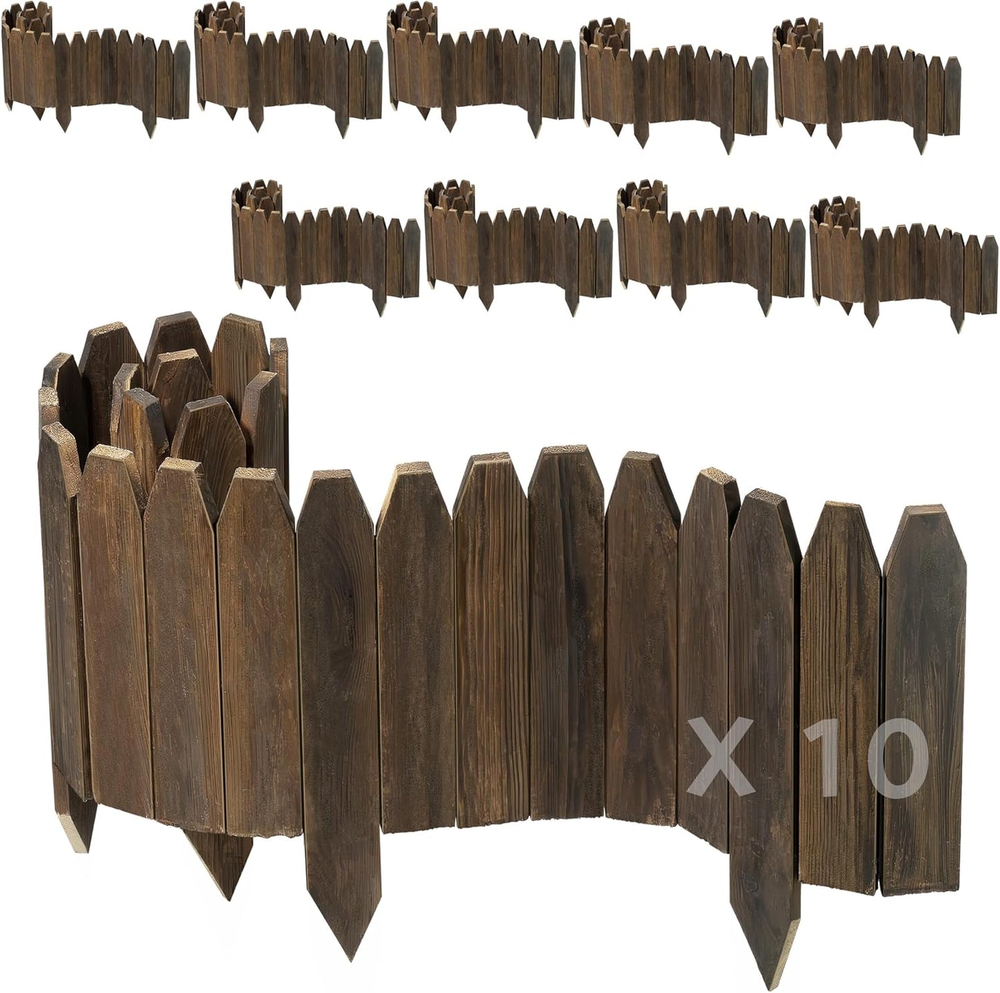 Wood Fence Border for Garden Beds – 9.8" H x 47" L Wooden Landscape Edging Panels, Rustic Decorative Outdoor Divider for Lawn, Path, and Yard Design (9-Pack)