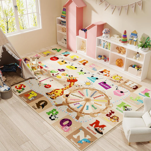 Kids Rugs for Playroom Washable, Educational and Fun Learning Rugs with ABC Alphabet Animals Shapes, Baby Toddler Children's Play Mat for Bedroom Classroom Nursery, 3x5 Feet, Beige and Pink
