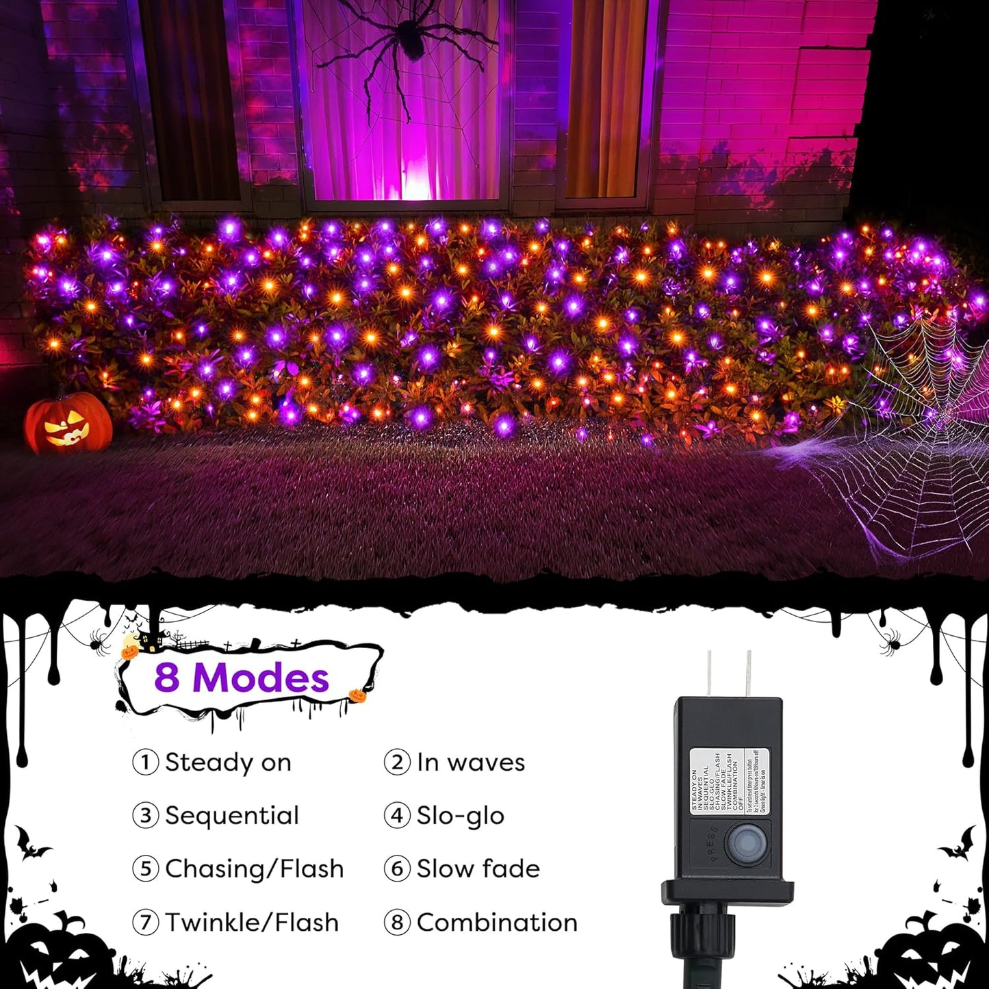 WBao Orange Purple Halloween Lights Outdoor 200LED F8 Big Bulbs, 8.4ft x 5.2ft Halloween Net Lights with 8 Modes, Timer, Connectable, Waterproof & Dark Green Wire for Lawn, Bushes Outdoor Decorations