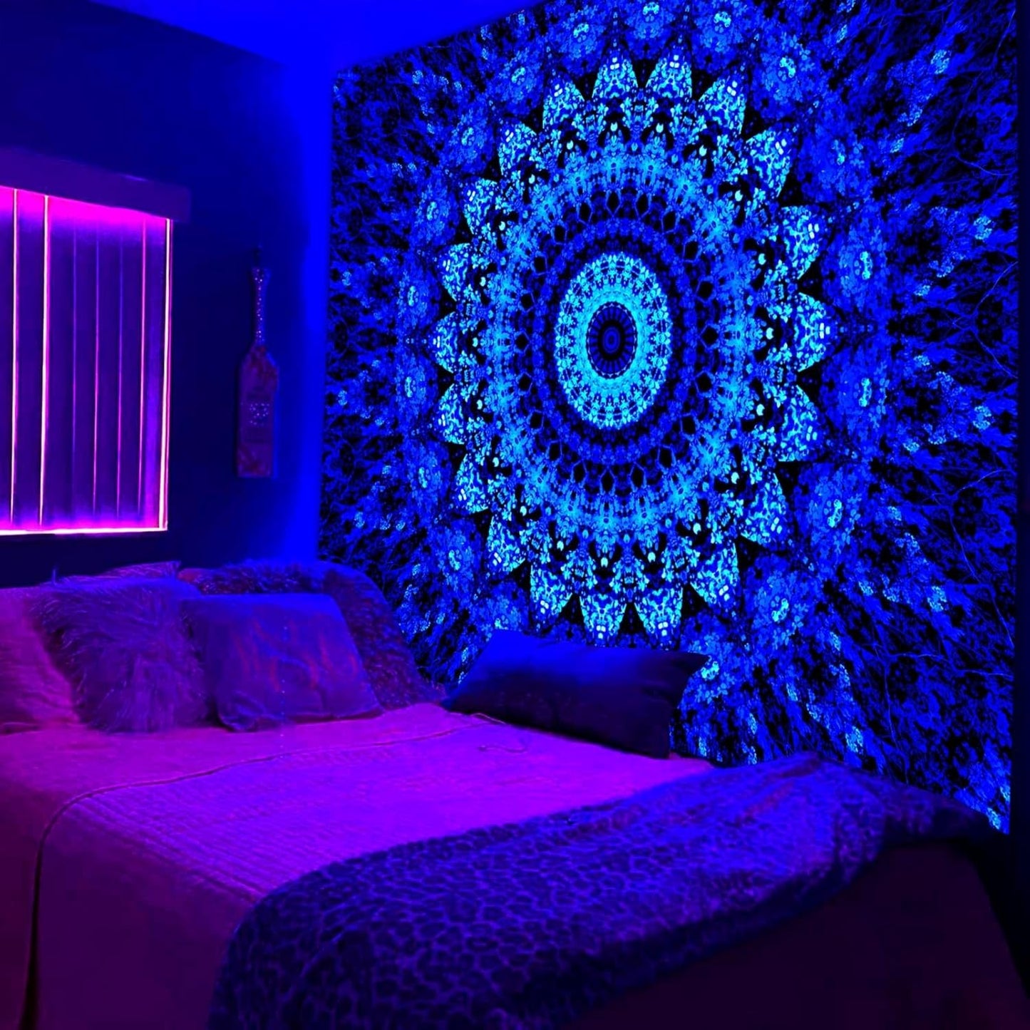 PSYHILAR Blacklight Mandala Tapestry for Bedroom, Black Light Posters for Adults and Teens, Neon UV Reactive Aesthetic Bohemian Wall Art Décor (90 x 70 Inches)