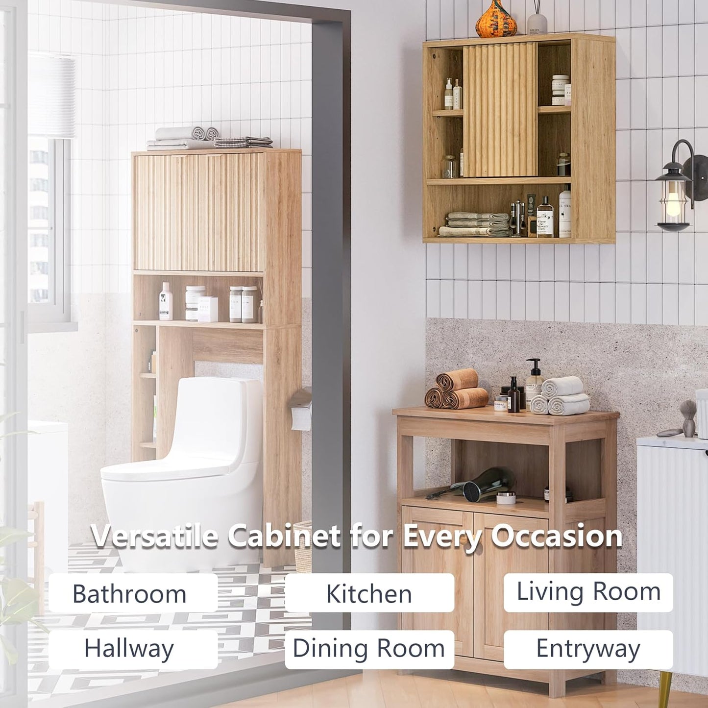 2 Pcs Bathroom Wall Cabinet Above Toilet Storage，Wall Mounted Storage with Adjustable Shelves, Space-Saving Modern Design for Bathroom & Laundry Room, Kitchen, Dining Room, Living Room