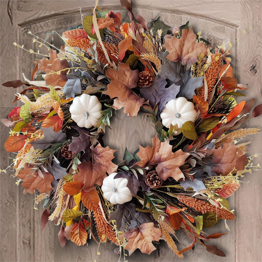 WANNA-CUL 24 Inch Fall Wreath for Front Door with White Pumpkins,Grains, Maple Leaves-Fall Decoration for Home-Large Fall Decor Door Wreath for Autumn,Harvest or Halloween