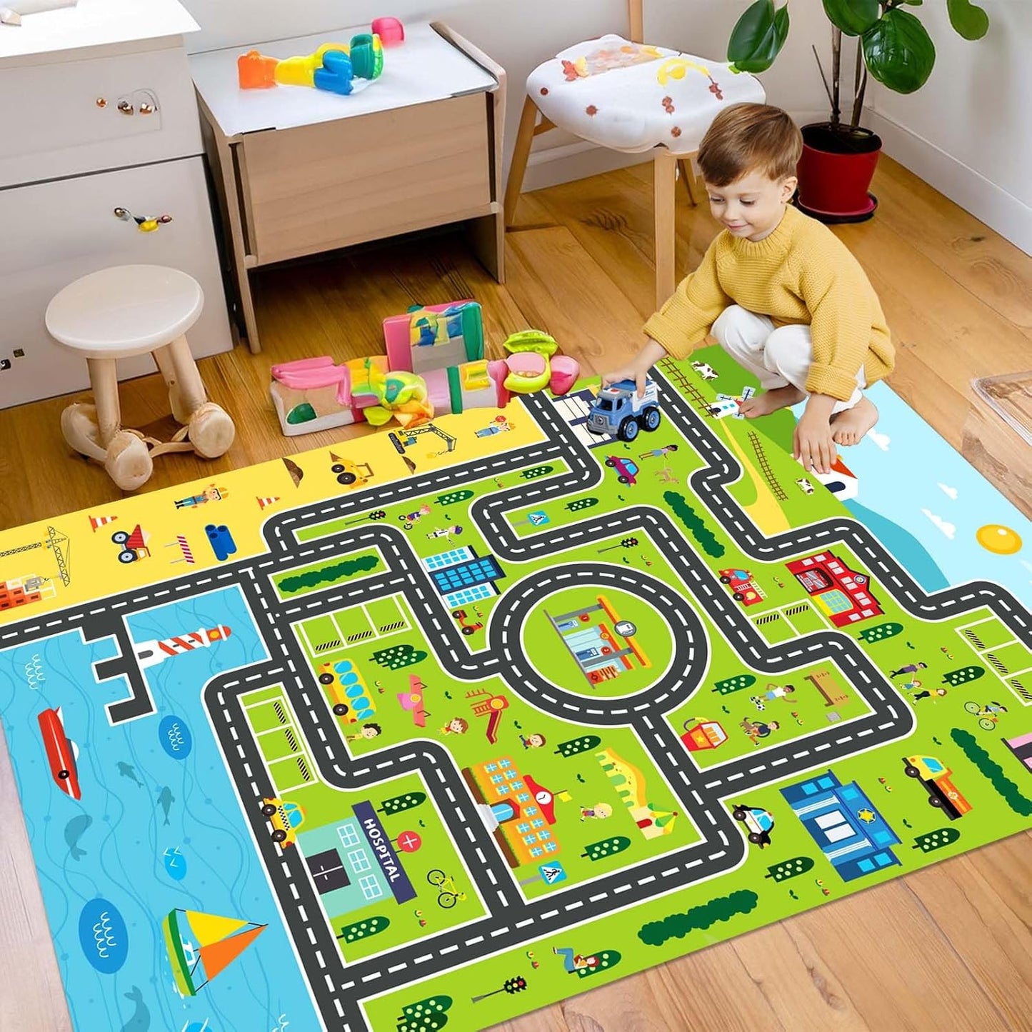 Kids Rug Playroom Car Rug Play Mat City Life Road Rugs Fun City Map for Kids Toy Cars,Carpet for Bedroom Boys (Green-Rug, 2.6x3.9ft)