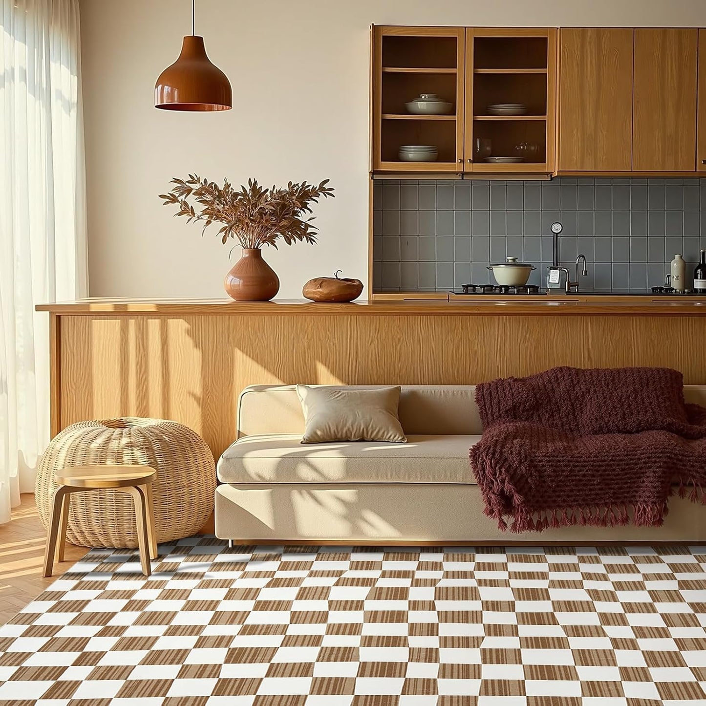 jinchan 8x10 Brown Checkered Area Rugs for Kids Room - Machine Washable Rug Modern Neutral Geometric Lattice Soft Non-Slip Carpet for Nursery Playroom Classroom Living Room Bedroom Dining Room