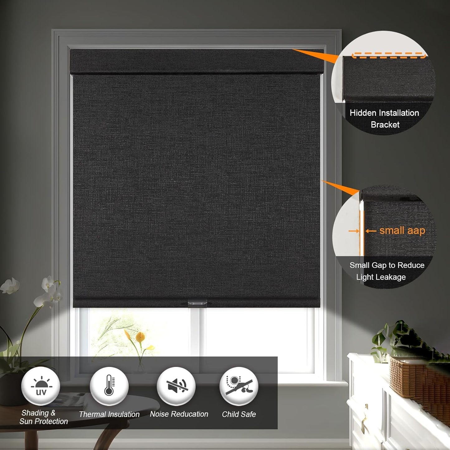 Persilux Free-Stop Cordless Blinds for Indoor Windows with Cover, Window Shades Blackout Roller Blinds, Thermal Insulated Fabric UV Protection for Kitchen, Office, Living Room, Black(76" W x 48" H)