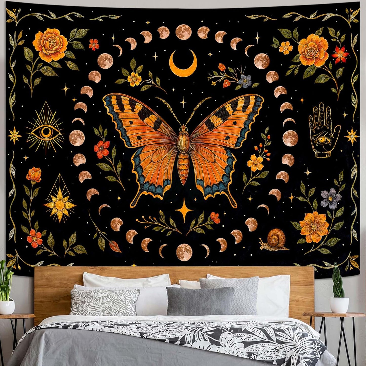 Lunerfex Moon Phase Butterfly Floral Wall Tapestry, Celestial Botanical Tapestries for Room Decor, Mystical Tapestry 60x44 Inch