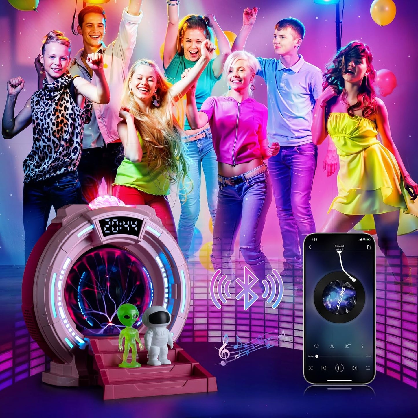 Plasma Ball Night Light,Space Girl's Room Party Aurora Projector LED Alien Veins Lamp,White Noise,Clock,Remote Control,Bluetooth Speaker,Adults,Kids' Room Decor Lamps,Christmas,Birthday Gift(Pink)