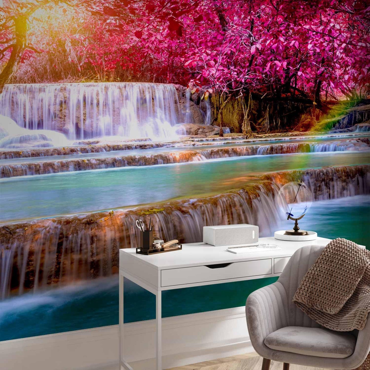 artgeist Wall Mural Peel and Stick Waterfall 212x98 in - XXL Self-Adhesive Corner Wallpaper Removable Large Sticker Foil Angle Wallpaper Wall Decor Print Nature Sun Pink Tree Forest c-B-0474-a-a