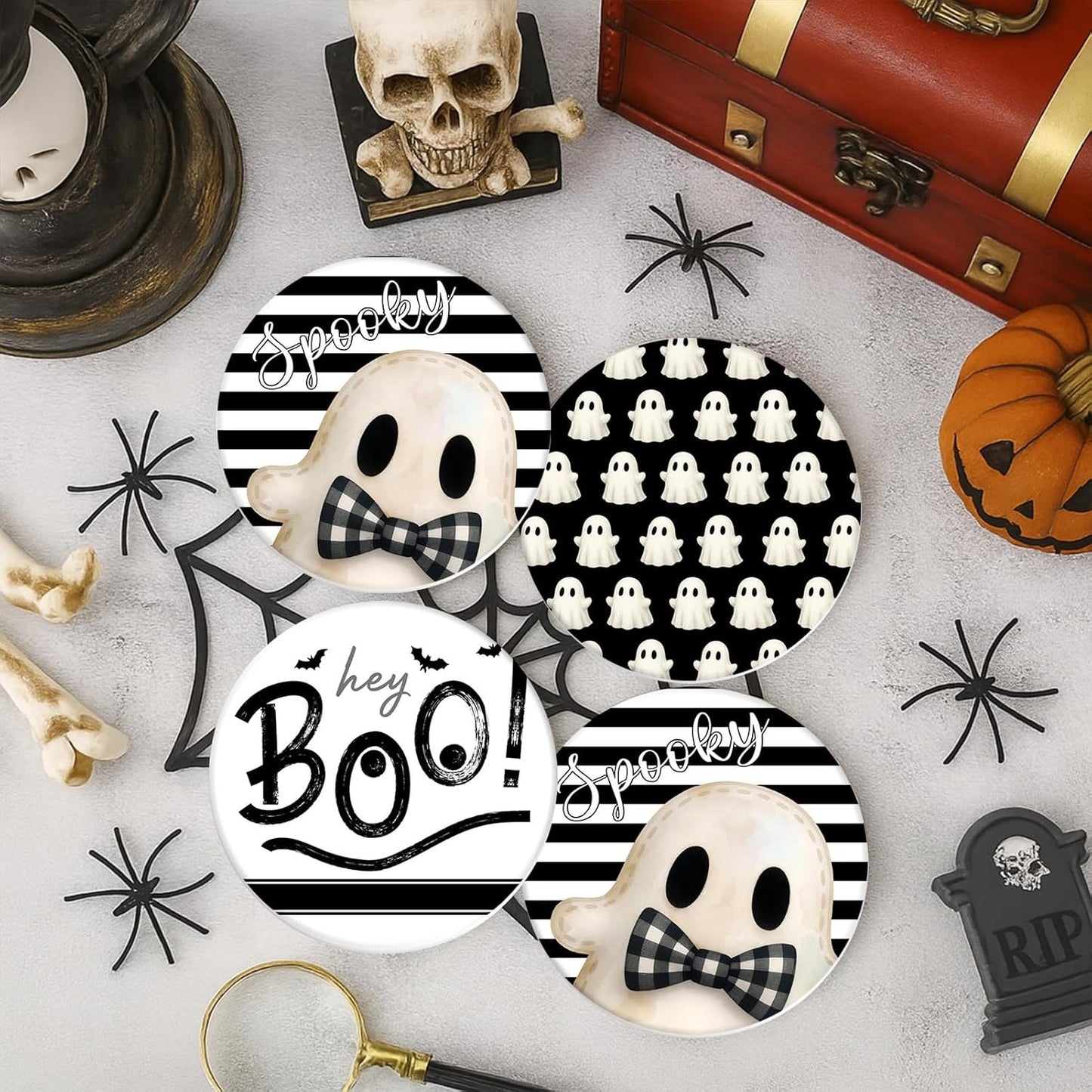 Coaster for Drinks Set of 6, Halloween Hey Boo Cute Ghost Spooky Black White Absorbent Round Ceramic Stone Mat, with Cork Base and Metal Holder, Gift for Housewarming Room Bar Decor