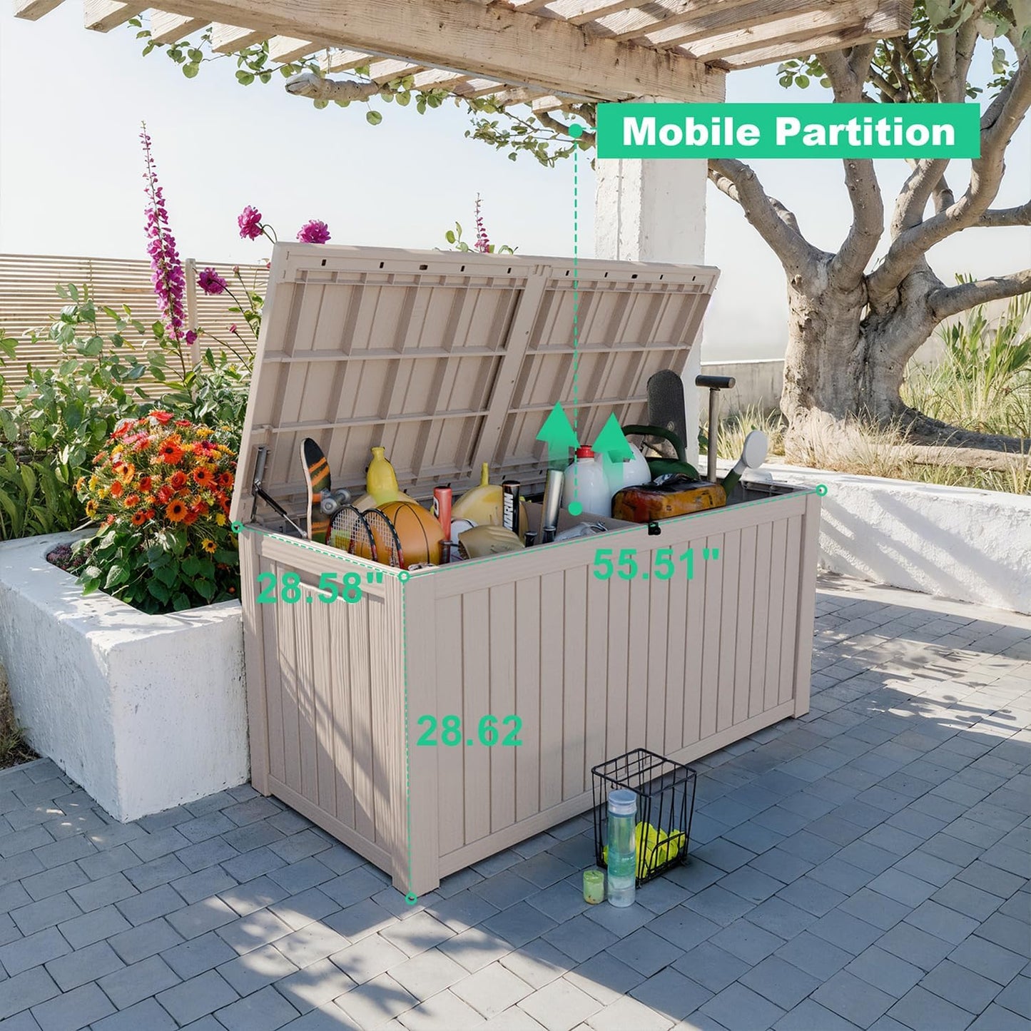 180 Gallon Resin Deck Box, Lockable Patio Outdoor Storage Box for Furniture, Garden Tools and Tools Storage, Waterproof Outside Storage Boxes - Grey