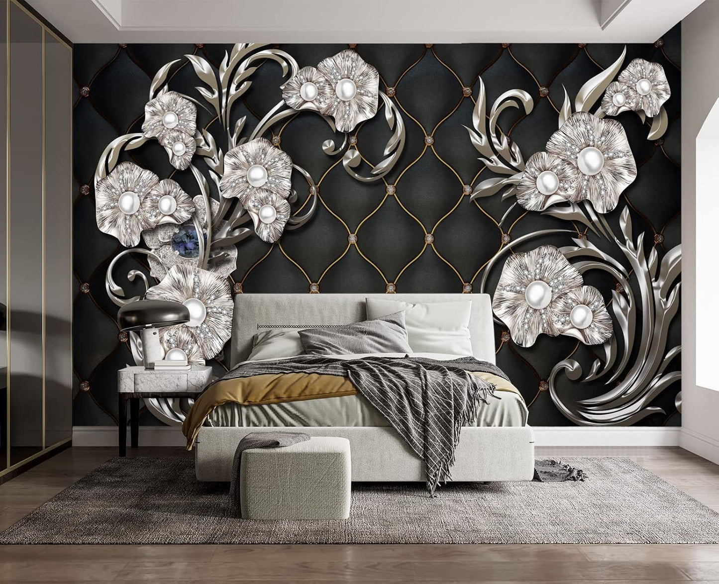 Black Hard Wrapped Pearl Embossed Flowers Wall Mural Wallpaper for Bedroom 137" x 100"