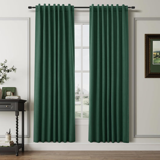 BOODII Green Blackout Curtains for Bedroom 80 Inch Length 2 Panels Set Room Darkening Curtains Linen Black Out Curtain Modern Thermal Insulated Living Room Drapes Back Tab 52x80