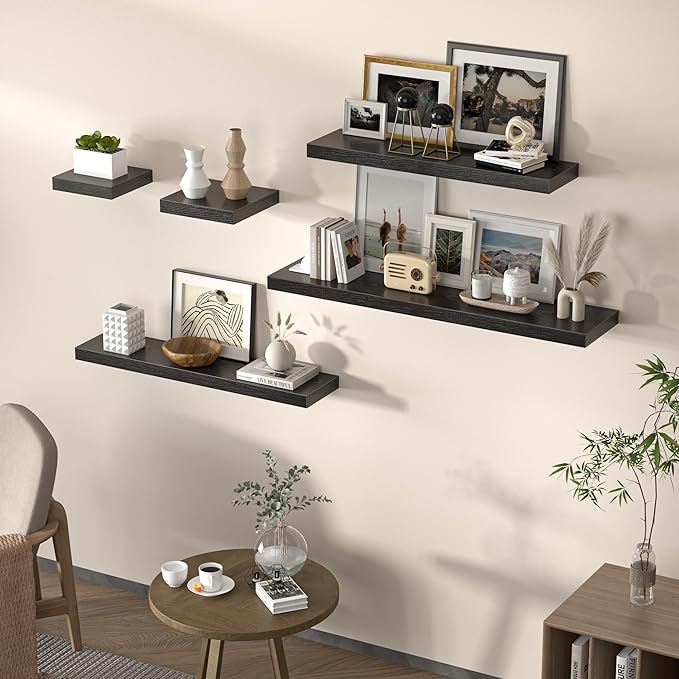Floating Shelves for Wall, 31.5" W x 6.7" D x 1.5" H, Wooden Wall Mounted Display Shelves with Invisible Brackets for Living Room, Bedroom, Bathroom, Kitchen Decor and Storage, Set of 2, Black