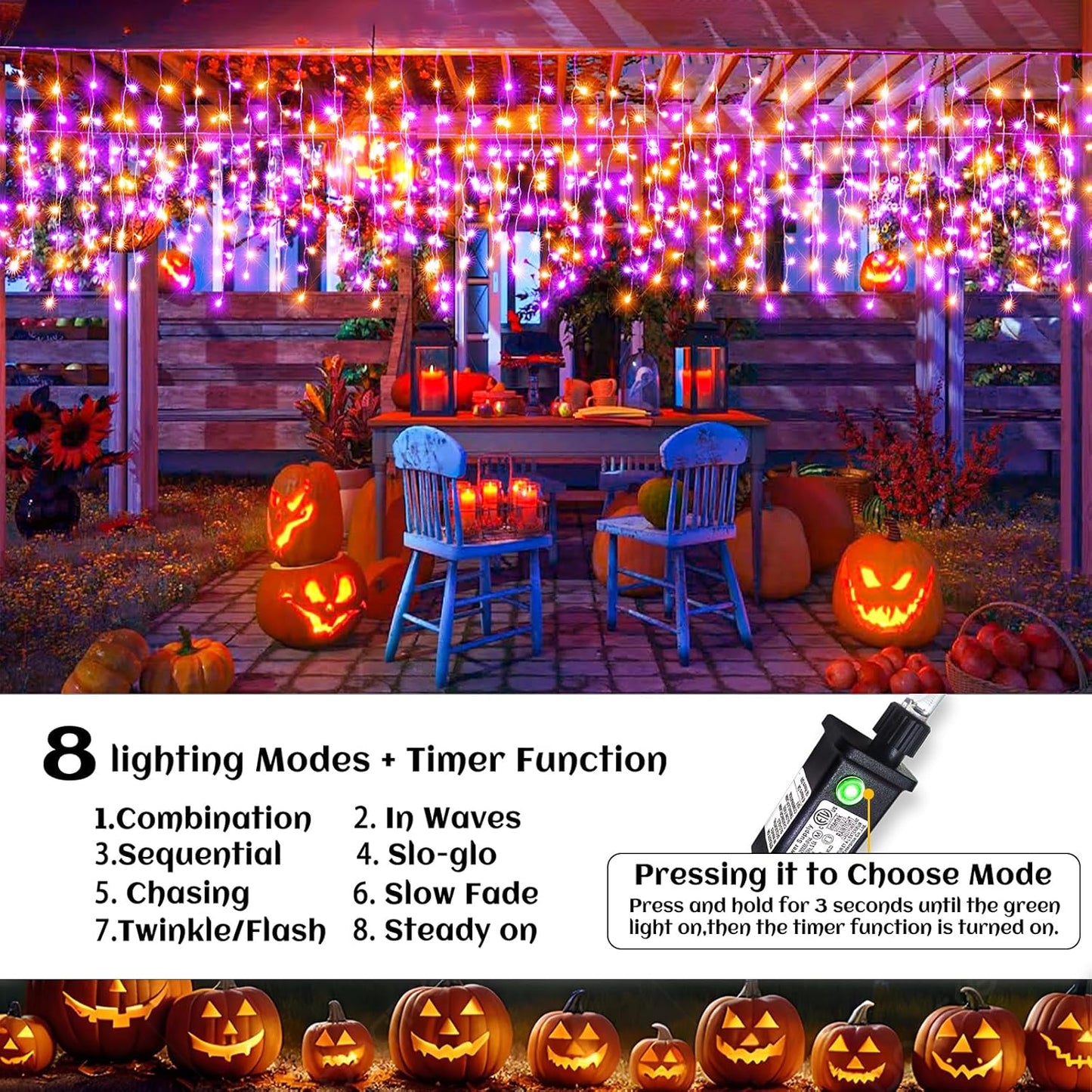 66ft Halloween Lights Outdoor, Orange and Purple Icicle Lights for Outside Indoor, 640 LED Twinkle String Lights with 120 Drops Clear Wire Short Curtain Light for House Party Tree Holiday Yard Decor