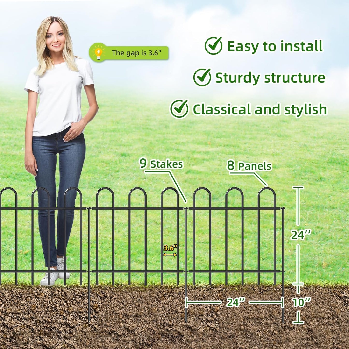 Metal Garden Fence 24 in H x 16 ft L, No dig Garden Border Yard Fencing, Dog Fence Outdoor Temporary Animal Barrier for Flower Bed Lawn and Patio, 8 Panels + 9 Stakes Black
