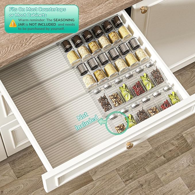 AMBIRD Spice Drawer Organizer, 4 Tier-2 Set Clear Spice Rack Tray Expandable From 11'' to 22'', Seasoning Organizer with non-slip tape for Kitchen, Cabinet, Drawers, Countertop(JARS NOT INCLUDED)