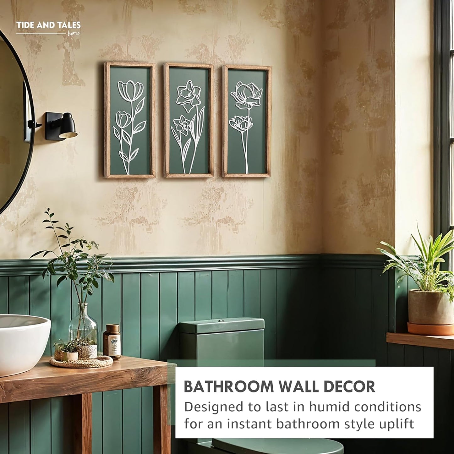 3D Floral Green Wall Art (Set of 3) Lightweight, Wooden Ready-to-Hang Boho Framed Wall Art for Bathroom, Master Bedroom, Living Room or Office - Premium Sage Green Farmhouse Decor - Gift-Boxed