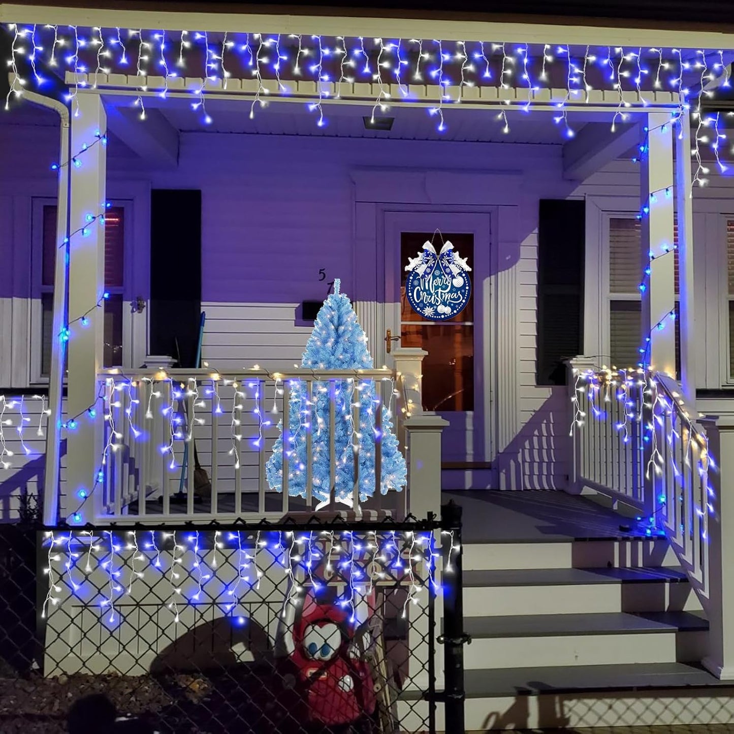 YEGUO 33ft 400 LED Blue and White Icicle Lights Outdoor Waterproof, 80 Drops Icicle String Lights Connectable, 8 Modes Icicle Christmas Lights with Memory Timer