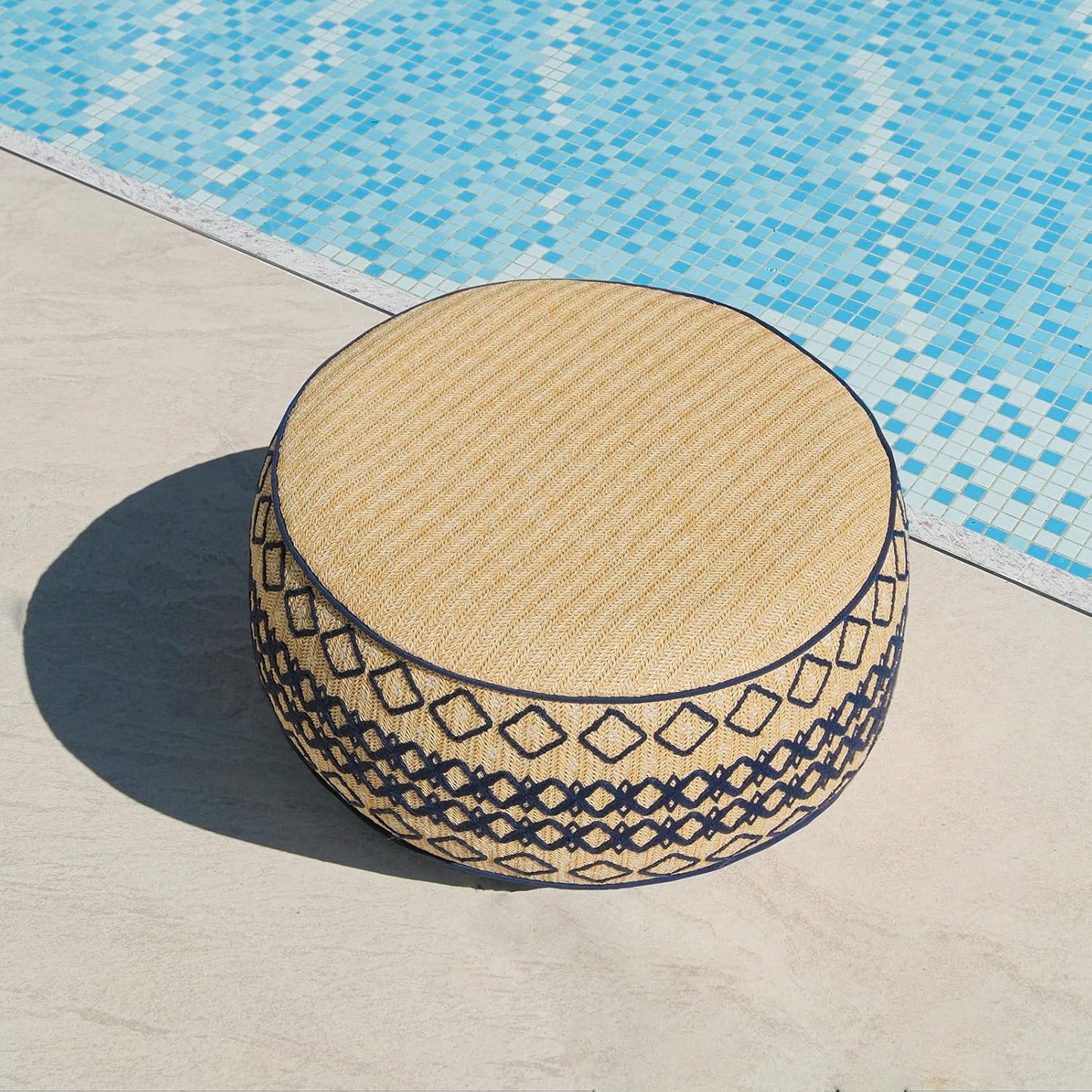 Outdoor Inflatable Ottoman with Air Pump, Embroidery Patio Footrest Stool D21”x H9”, Round Pouf Ottoman with Portable Handle Suitable for Garden, Camping, Bedroom, Living Room