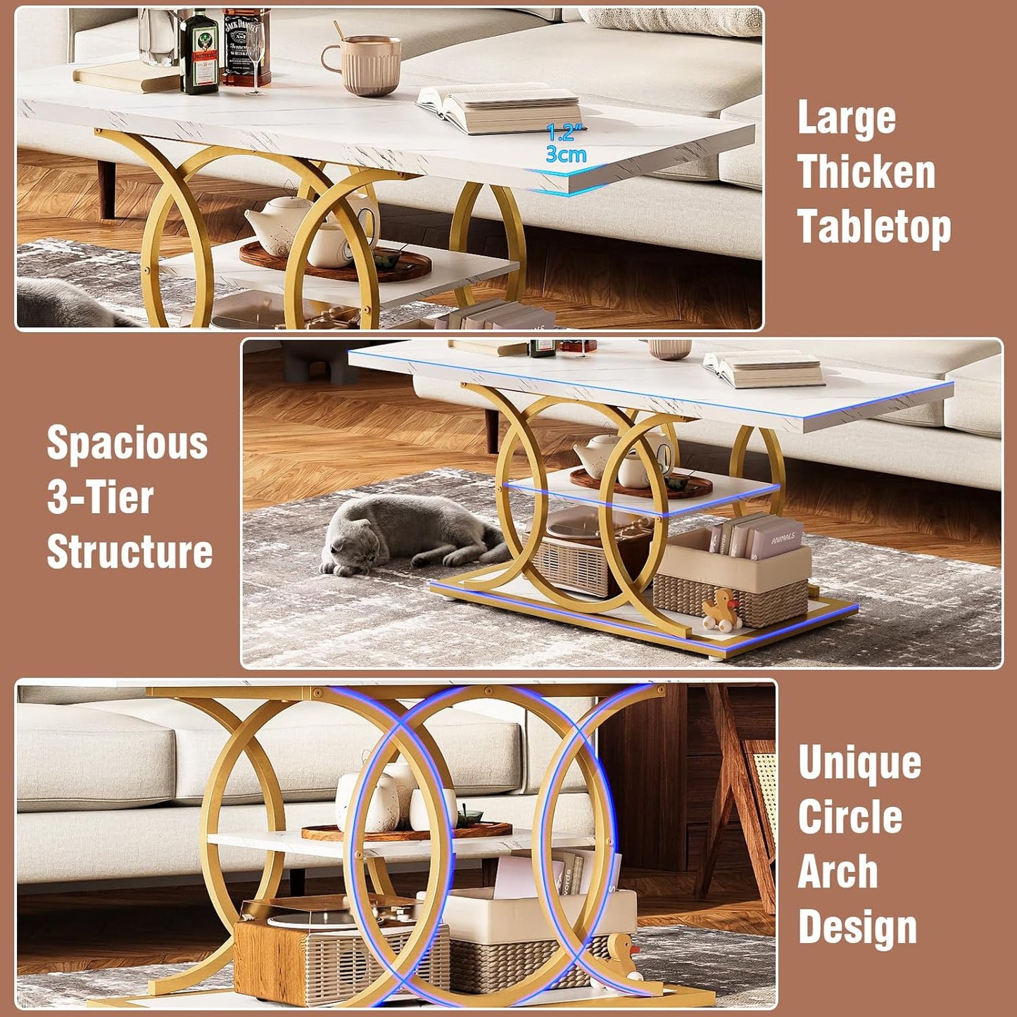 GiftGo Rustic Coffee Table with Storage Modern 3 Tier Center Living Room Table Faux Marble Wooden Rectangle Cocktail Tea Table for Office Bedroom Elegant Full Moon Design (White Gold, L-47)