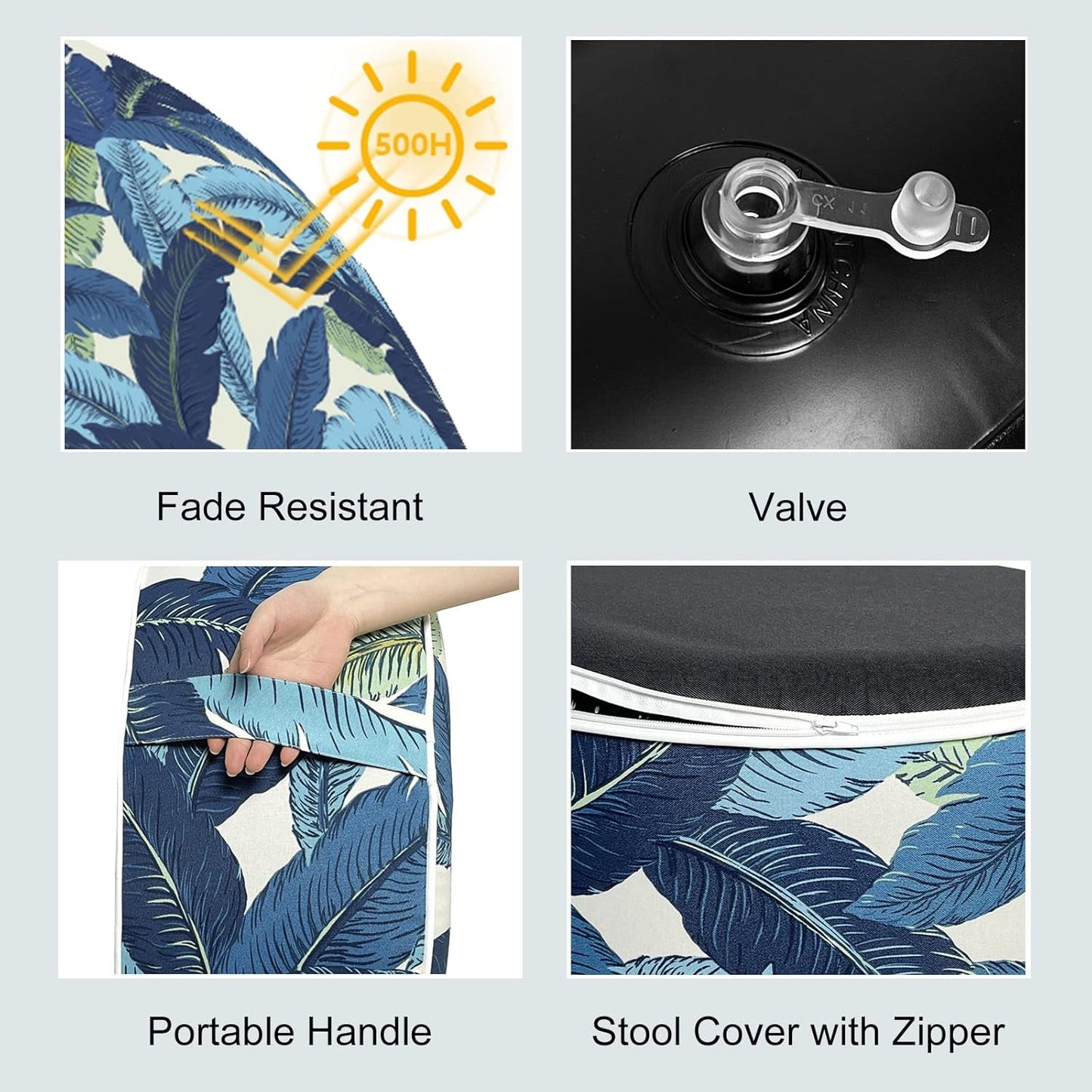 LVTXIII Inflatable Stool Ottoman Footrest with Handle, All Weather Foot Rest, Indoor or Outdoor Use for Home Patio Garden and Camping, D21 x H9, Swaying Palms Blue