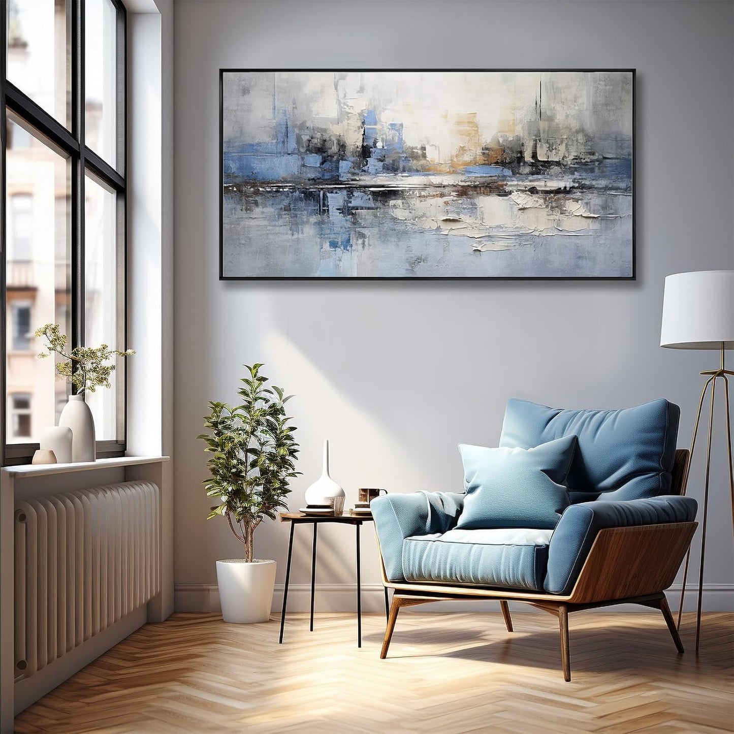 Abstract Wall Art Blue and White Reflection Large Size Framed Artwork Wall Decor Canvas Painting Stretched Canvas Wooden for Living Room Bedroom Office Home Decor Frame ready for hanging 30"x60"