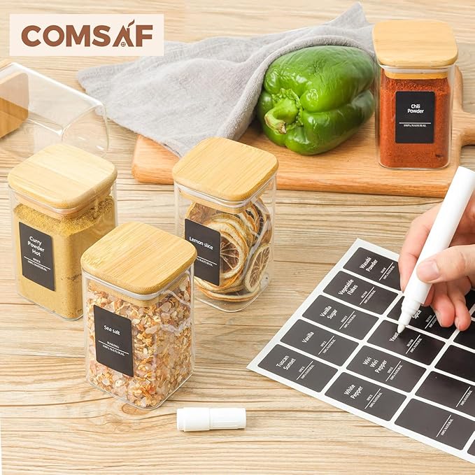 ComSaf 6Pcs 8oz Spice Jars with Label Trial Set, Glass Spice Jars with Bamboo Lids Supplementary Set, Seasoning Container Trial Pack, Perfect for Ktichen Starter