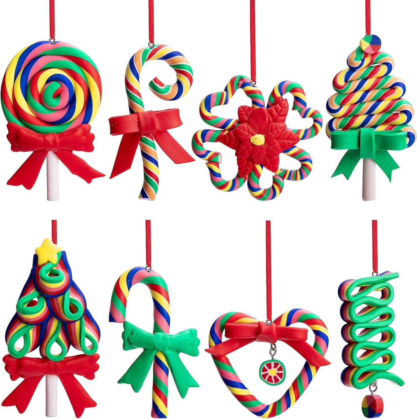 codree 8 Pcs Christmas Lollipop Ornaments- Rainbow Candy Cane Hanging Ornaments for Christmas Tree- Christmas Candies Polymer Clay Ornament for Xmas Tree Party Decoration, E-8pcs