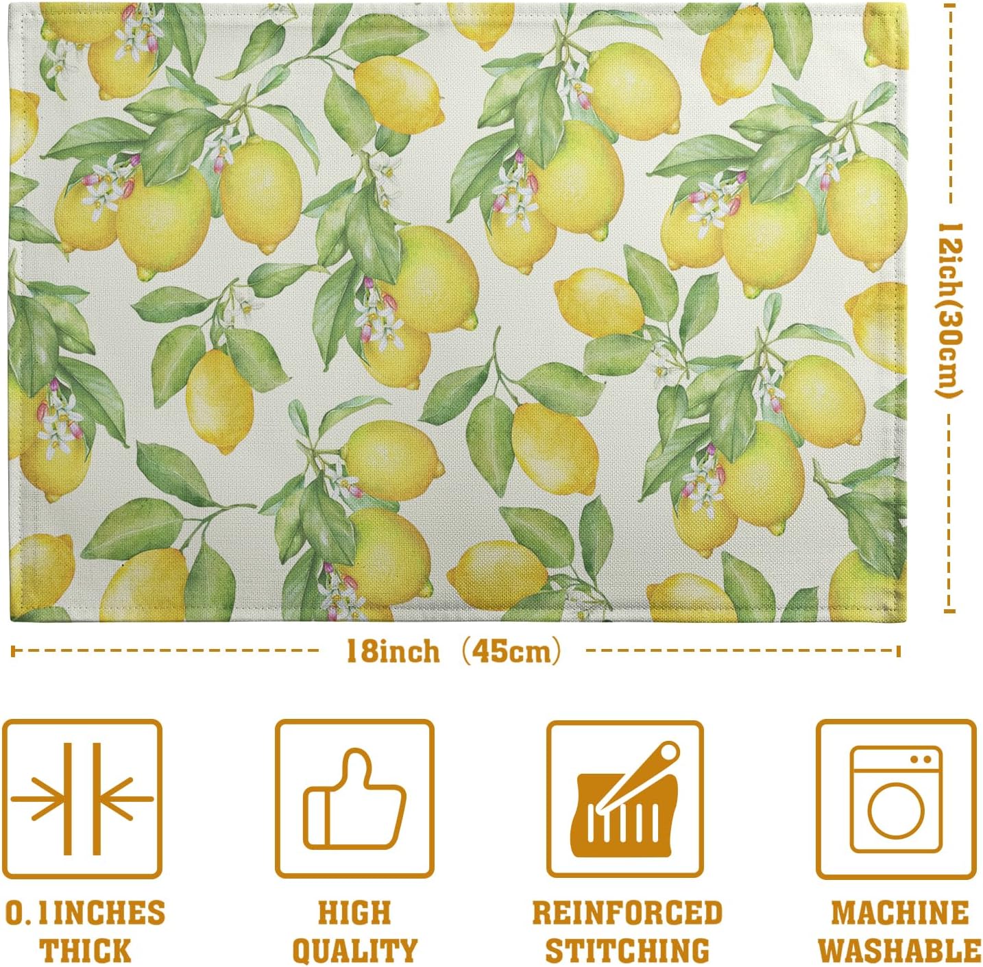 Lemon Placemats Set of 4 Summer Yellow Fruit Green Leaf Floral Linen Table Mat Rustic Farmhouse Spring Heat Resistant Non Slip Washable Place Mats for Dining Kitchen Party Decor