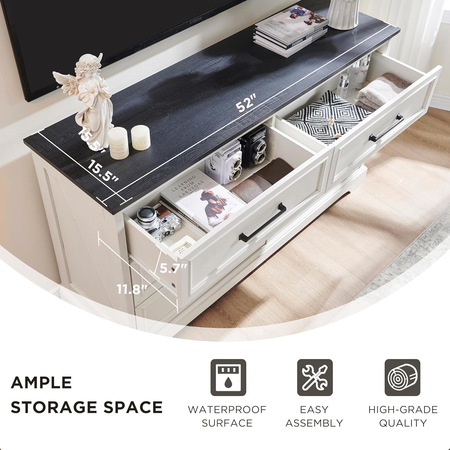 Farmhouse 6 Drawer Dresser for Bedroom, 52 Inch Wide Modern Dresser TV Stand with Large Drawers & Bar Handles, Rustic Wood Chest of Drawers for Bedroom, Living Room, Hallway, Off White